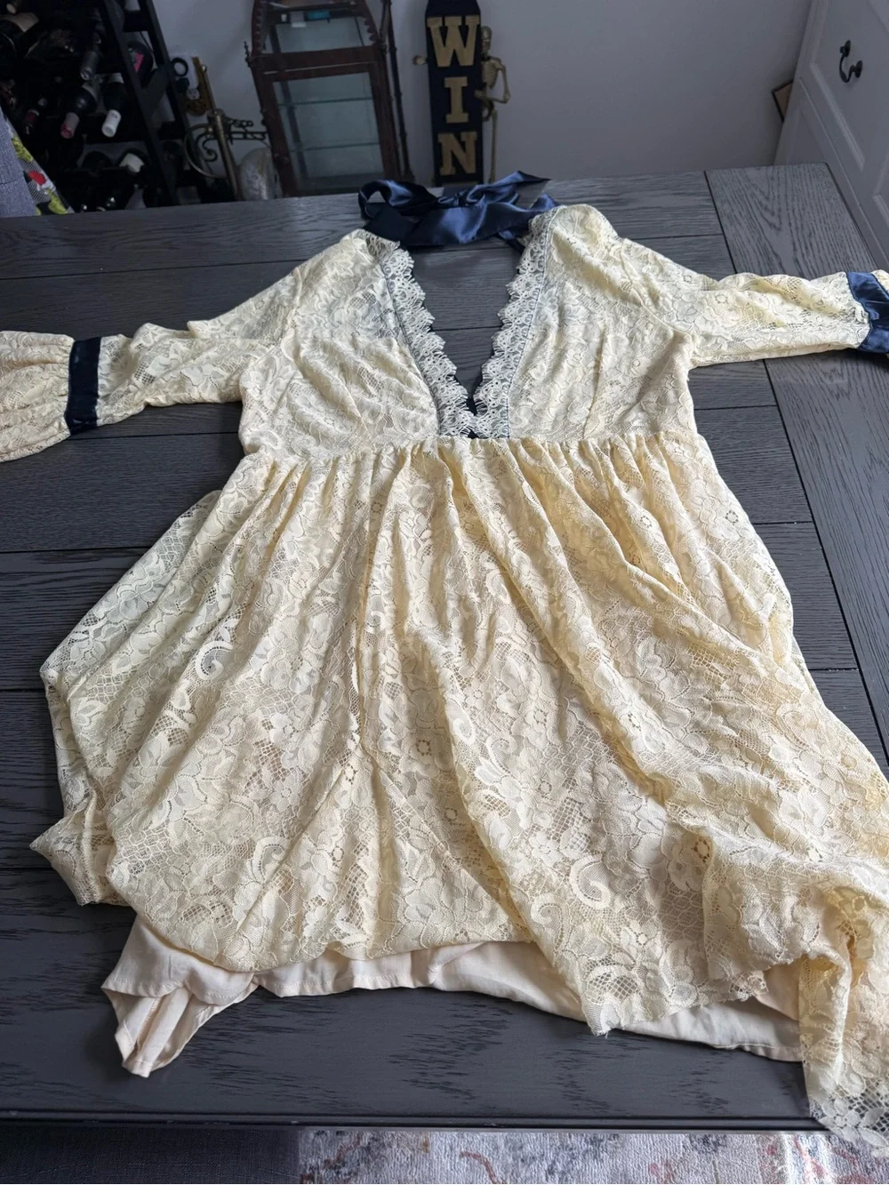 Free People Cream Lace Long Sleeve Dress with Navy Trim